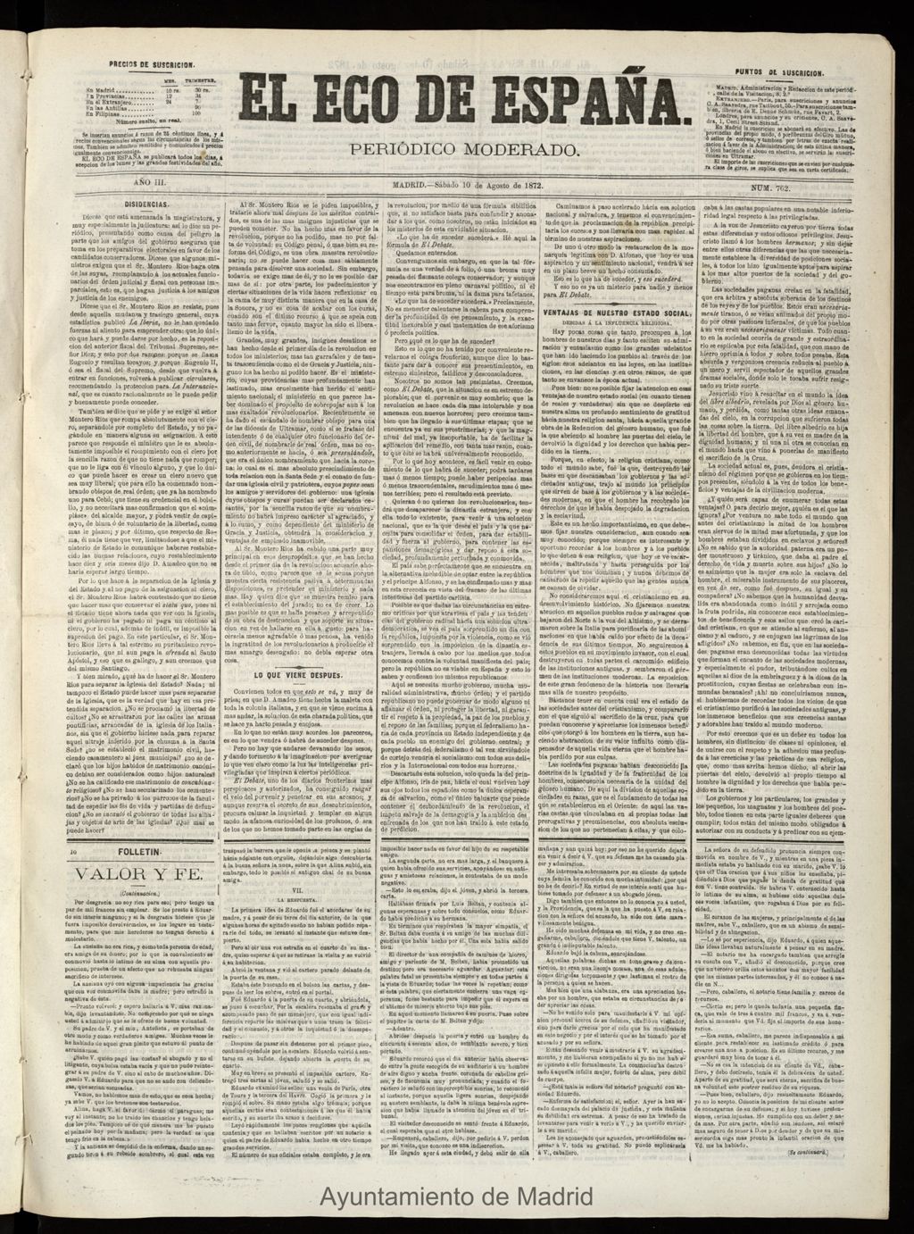 Miniatura de El Eco de España del 10 de agosto de 1872