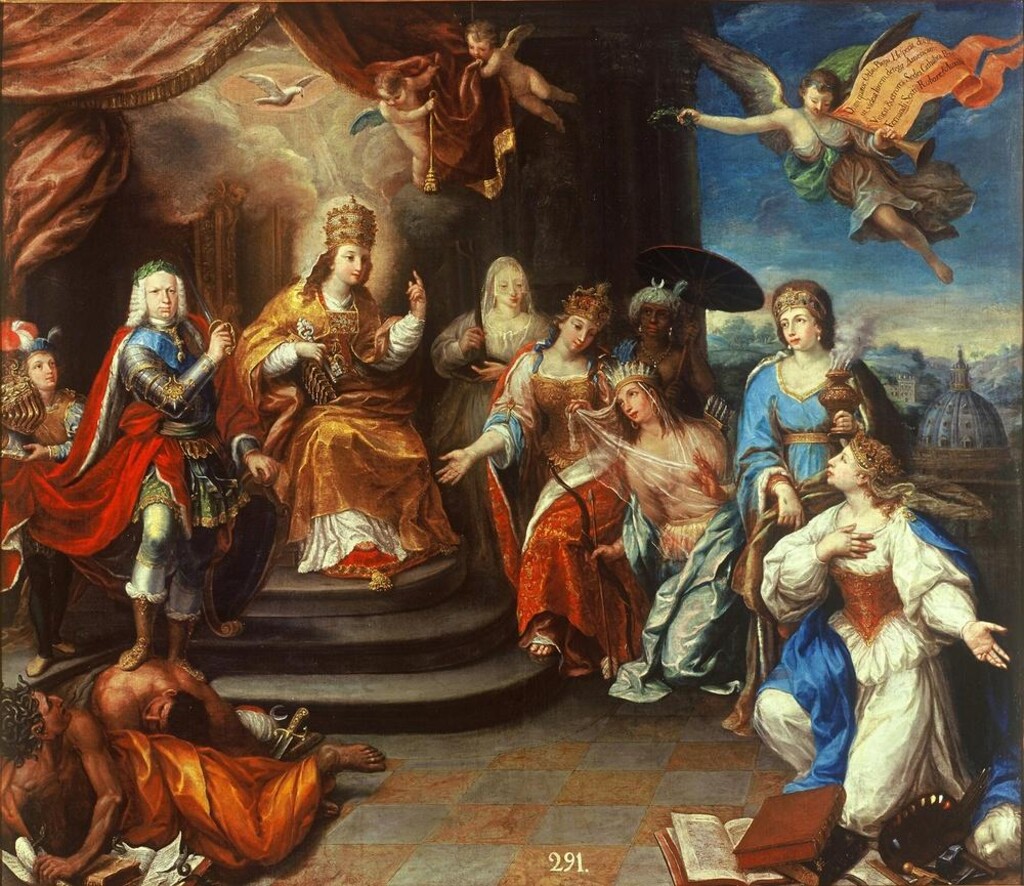 Miniatura de España presenta América a la Iglesia
