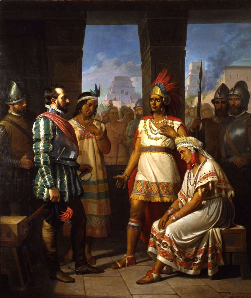 Miniatura de Guatimocín Último Emperador de Méjico y su Esposa Presentados Prisioneros a Hernán Cortés