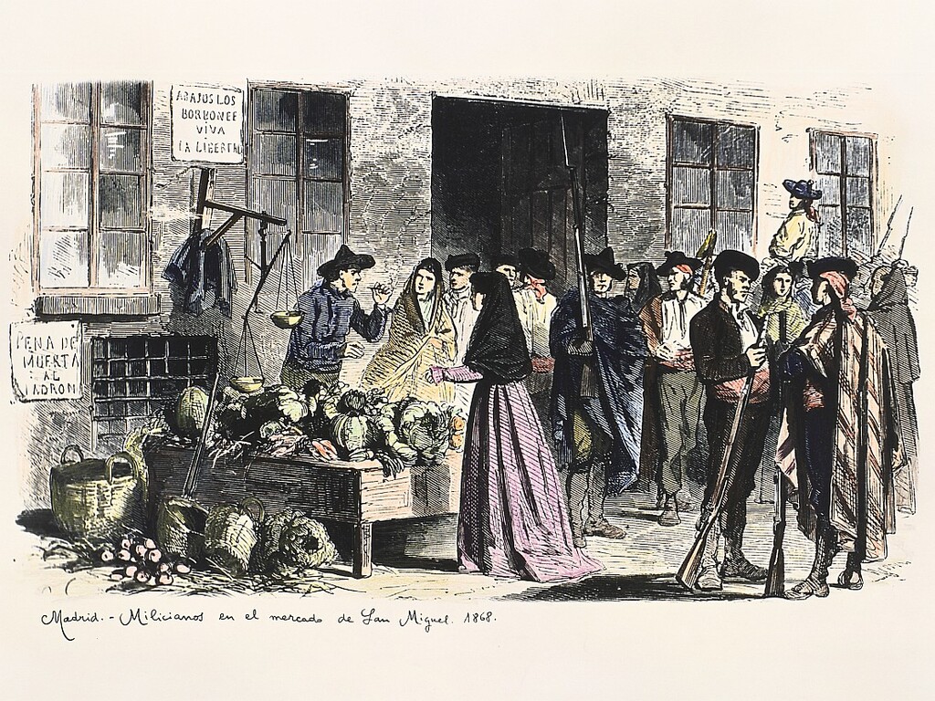 Miniatura de Milicianos en el mercado de San Miguel. 1868