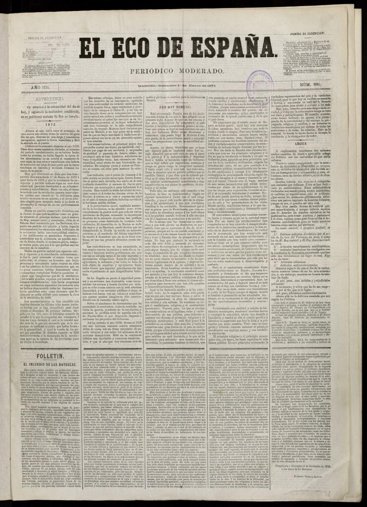 Miniatura de El Eco de España del 1 de enero de 1873