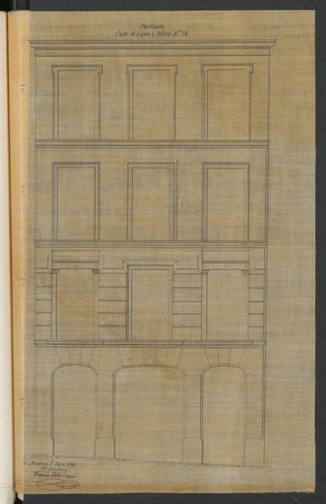 Miniatura de D. Narciso Amorós, dueño de la casa calle de Barcelona nº 9, proponiendo convertir en fachada la frontal de medianía que da a la calle de Espoz y Mina, siempre que se le indemnice competentemente y posteriormente por D. Ambrosio Fernández, dueño actual de otro terreno pidiendo licencia para construir en el de nueva planta