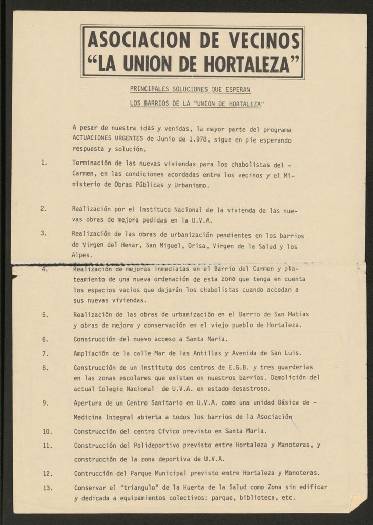 Miniatura de Principales soluciones que esperan los barrios de "La Unión de Hortaleza"