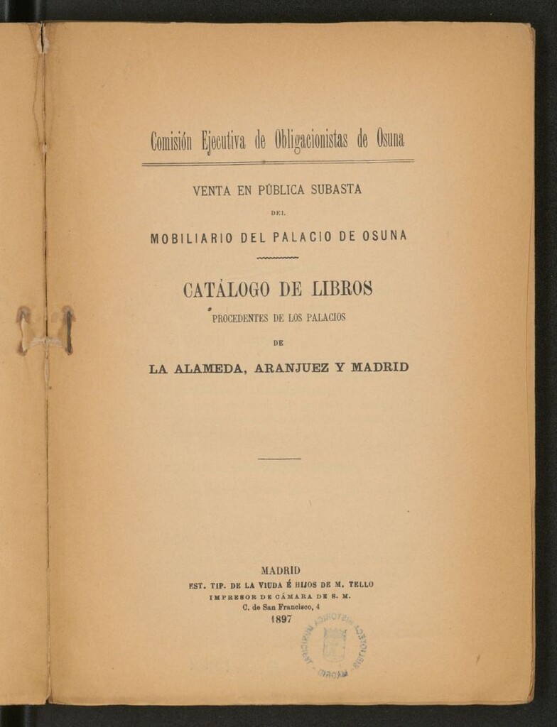 Miniatura de Venta en pública subasta del mobiliario del Palacio de Osuna : Catálogo de libros procedentes de los palacios de La Alameda, Aranjuez y Madrid