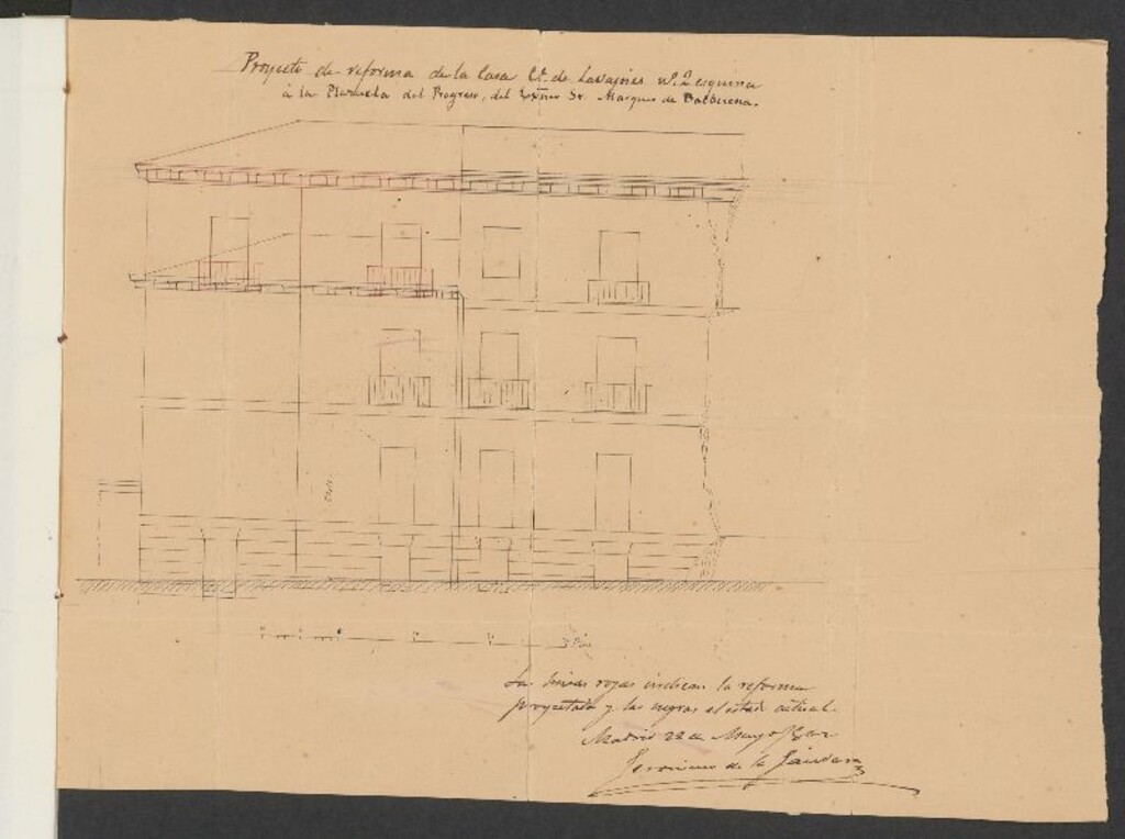 Miniatura de D. Jerónimo de la Gándara, en representación del Excmo. Sr. Marqués de Balbuena, licencia para aumentar un piso 2º y hacer varias obras en la casa de su propiedad, sita en la Plazuela del Progreso nº 1, con vuelta a la calle de Lavapiés nº 8