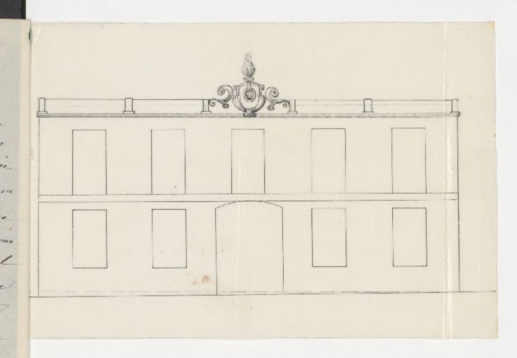 Miniatura de D. Ricardo de Ortega, dueño de la casa nº 46 y 48 de la calle de Lope de Vega, en solicitud de que se le permita poner un remate de adorno central en la fachada del edificio hoy en construcción.