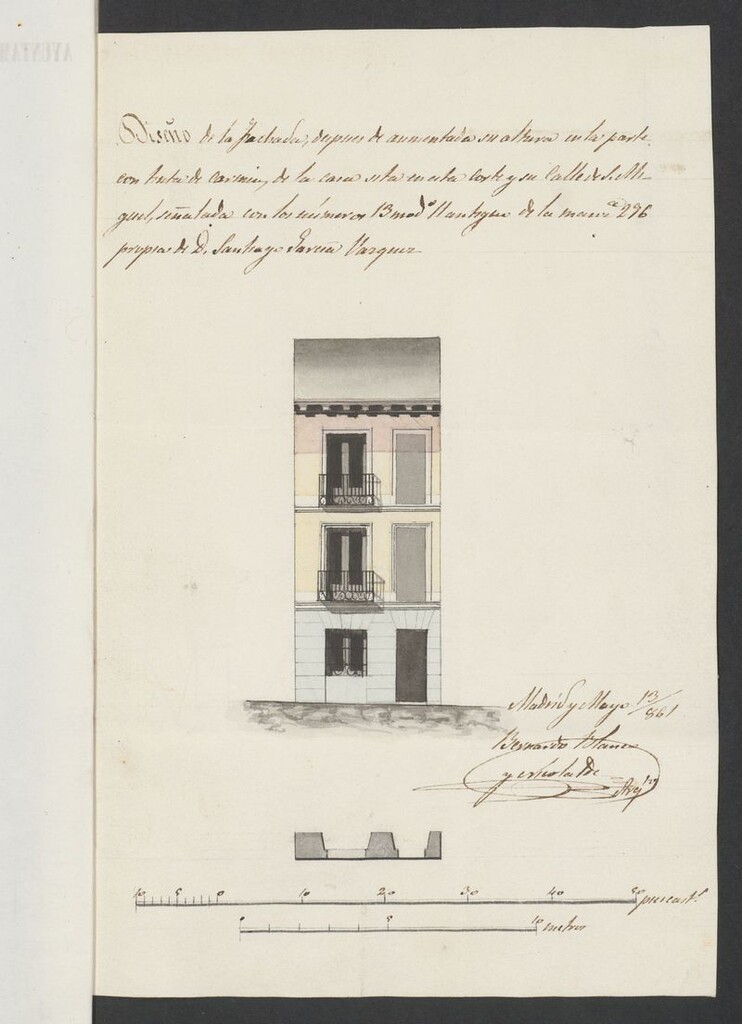 Miniatura de D. Juan Antonio Álvarez, en solicitud de licencia para dar mayor altura al piso 2º de la casa calle de S. Miguel nº 13, manzana 296.