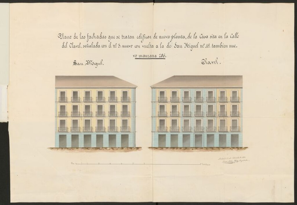 Miniatura de D. Vicente Sanahuja, y Artiñano, en solicitud de licencia para construir en la calle del Clavel nº 3 con vuelta a la S. Miguel nº 15, manzana 296.