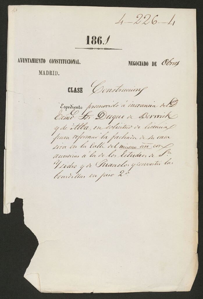 Miniatura de Excmo. Sr. Duque de Berwick y de Alba, en solicitud de licencia para reformar la fachada de su casa sita en la calle del mismo nombre con las accesorias a la de Estudios de S. Isidro y de Juanelo, y convertir las buardillas en piso 2º.