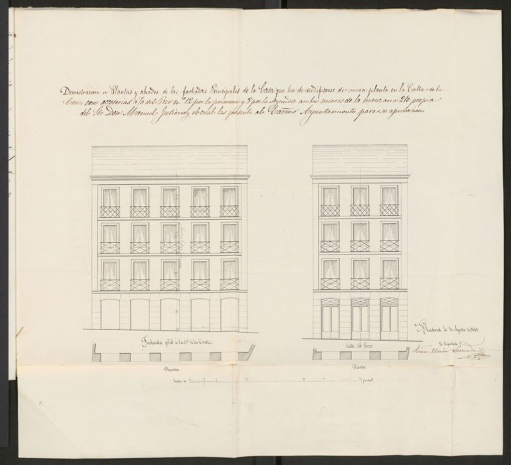 Miniatura de D. Manuel Gutiérrez, en solicitud de licencia para construir de nueva planta la casa de su propiedad sita en la calle de la Cruz nº 12, con accesorias a la del Pozo nº 8.