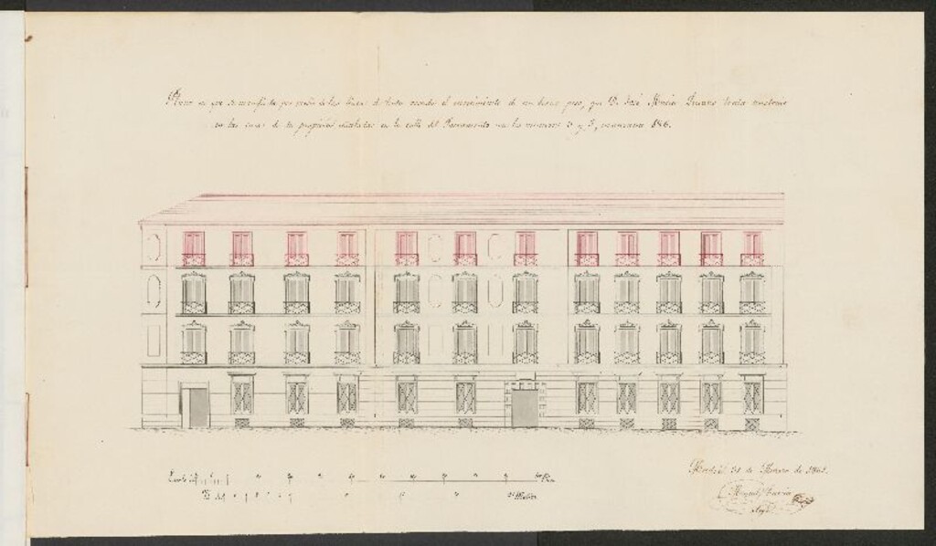 Miniatura de D. José Mª de Lezcano, en solicitud de licencia para aumentar un tercer piso a su casa calle del Sacramento, 3 y 5.