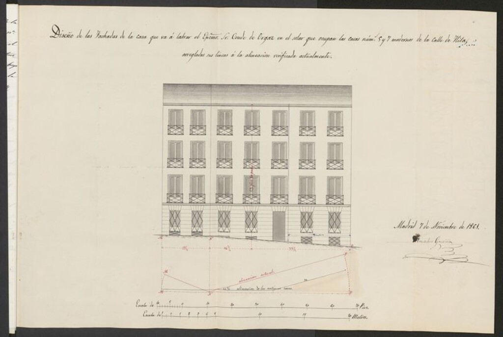 Miniatura de D. Manuel Albina, en nombre del Excmo. Sr. Conde Orgaz, en solicitud de licencia para construir de nueva planta  la casa de su propiedad, sita en la calle de Hita nº 7 y 9.