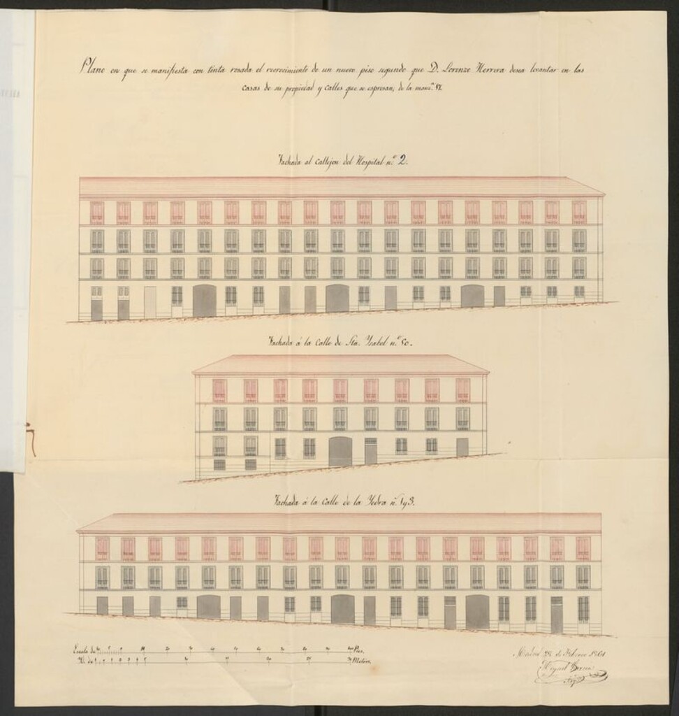 Miniatura de D. Lorenzo Herrera, dueño de las casas calle de Santa Isabel nº 50, de Yedra, nº 1 y 3 y callejón del Hospital nº 2, a la manzana 17, en solicitud de licencias para levantar un 2º piso general con arreglo al diseño que presenta.