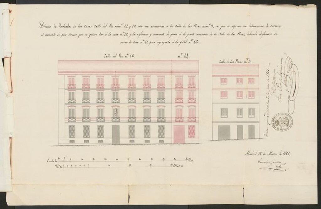 Miniatura de D. Wencelao Gaviña, a nombre del Excmo. Sr. Duque de Baena en solicitud de licencia para levantar de nueva planta la casa calle del Pez nº 44 y 46, con accesorias a la Pozas nº 3.