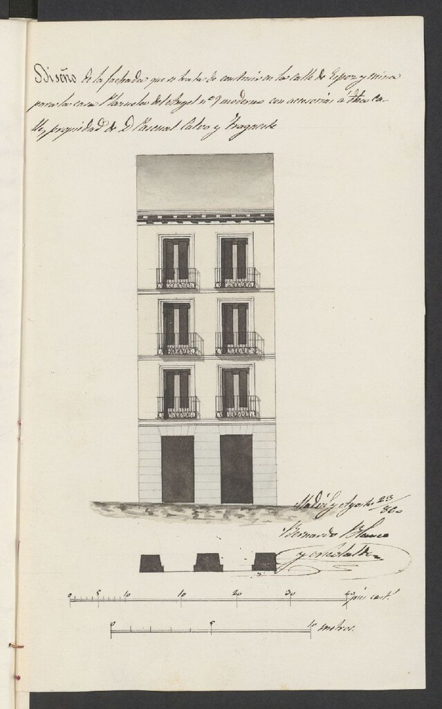 Miniatura de D. Pascual Calvo Tragacete, en solicitud de licencia para construir la fachada de su casa Plaza del Ángel nº 9, agregando el terreno que ha comprado a Madrid, procedente del derribado Teatro de la Cruz.