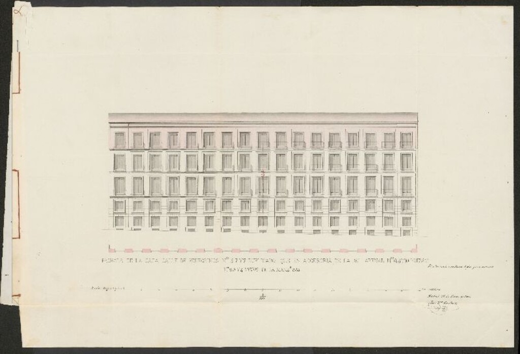 Miniatura de D. Marcos Huerta y D. Gaspar de la Peña, en solicitud de licencia para completar la edificación de piso 3º por la 2ª calle,  en la casa calle del Arenal nº 6, 8 y 10 con accesorias a la de Peregrinos nº 5 y 7 y 7 duplicado, manzana 389.