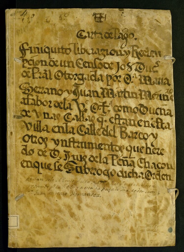 Miniatura de Carta de pago : finiquito liberazión y Redención de un Censo de 108 Duc[ado]s de Pr[incip]al Otorgada por Dª. María Serrano y Juan Martín Merinero a fabor de la V[enerabl]e O[rden] T[ercer]a, como dueña de unas Casas q[ue] están en esta villa en la Calle del Barco y otros instrumentos que heredó de D. Luis de la Peña Chacon en que le subrogó dicha Orden.