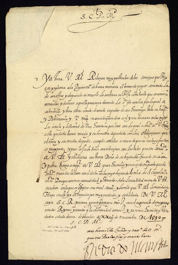 Miniatura de Carta del Conde de Mansfeld a Felipe II abogando por una compensación para el barón de Paget que había perdido la mayor parte de su hacienda en servicio del Rey