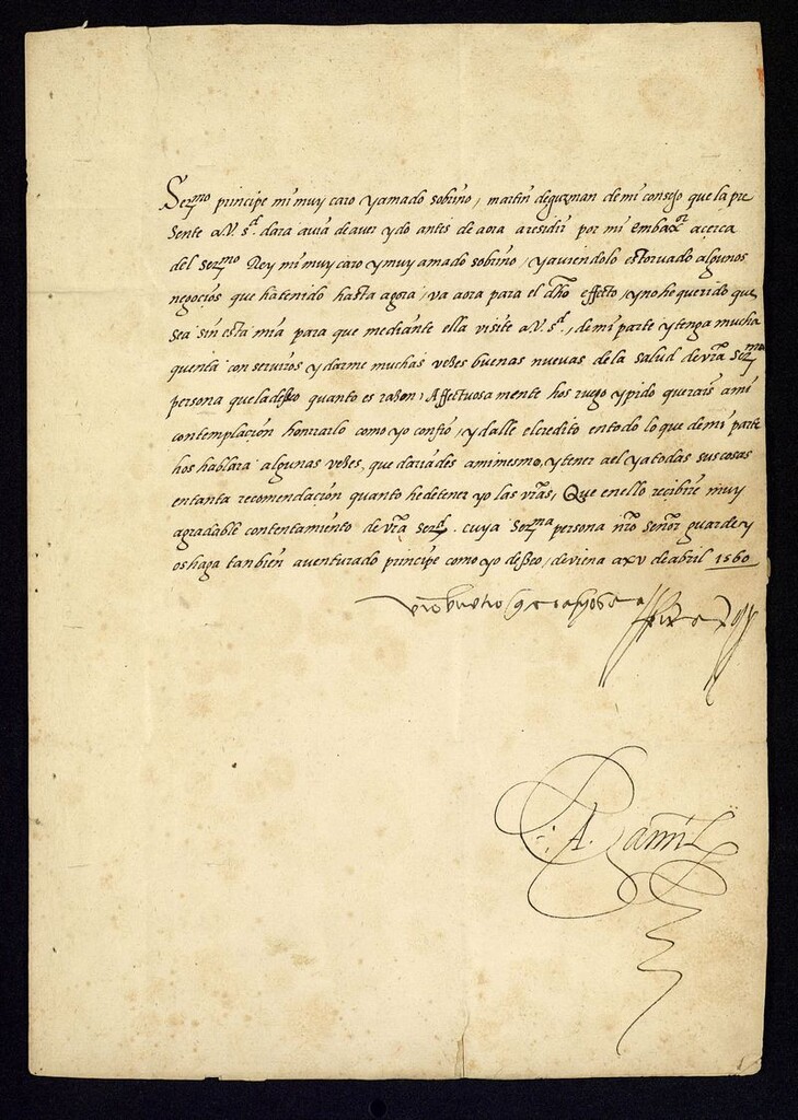 Miniatura de Carta del Emperador Fernando I a su sobrino nieto, el Príncipe Carlos, hijo de Felipe II, encomendándole a Martín de Guzmán, su embajador ante este último, y pidiendo que le de entero crédito en lo que de su parte le diga.