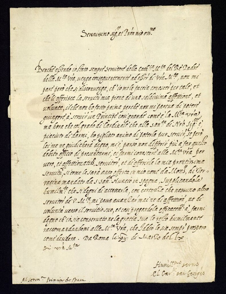 Miniatura de Carta del Cardenal de San Jorge al Príncipe Carlos, hijo de Felipe II, ofreciéndole sus servicios