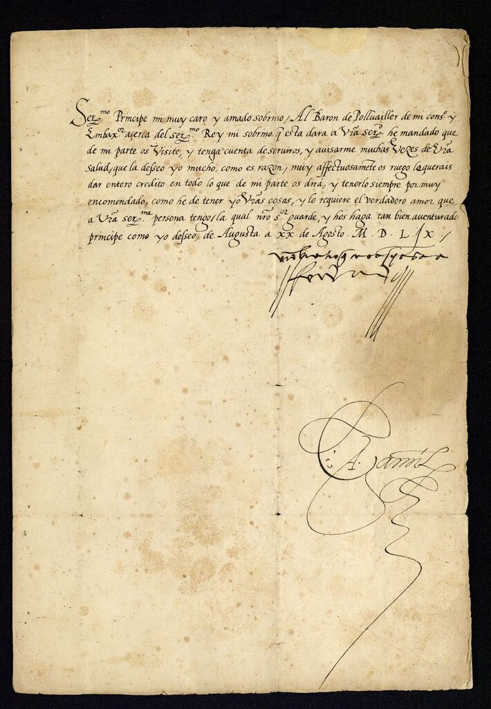 Miniatura de Carta del Emperador Fernando I a su sobrino nieto, el Príncipe Carlos, hijo de Felipe II, encomendándole al barón de Polluailler, su embajador ante este último, y pidiendo que le de entero crédito en lo que de su parte le diga