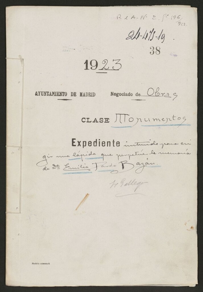 Miniatura de Expediente instruido para erigir una lápida que perpetuará la memoria de Dª Emilia Pardo Bazán