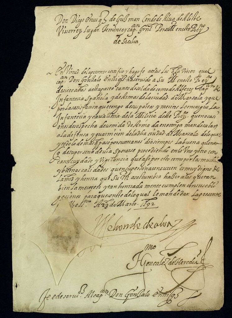 Miniatura de Certificado de servicios extendido por el virrey de Sicilia, Diego Enríquez de Guzmán