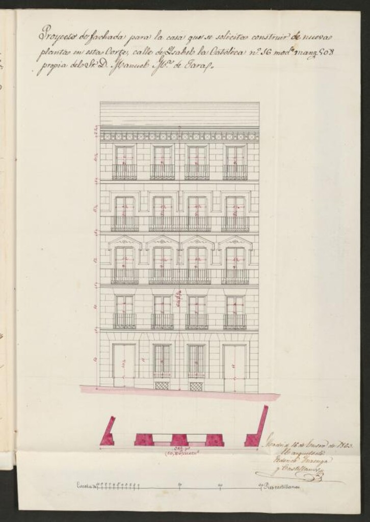 Miniatura de D. Manuel María de Jara, para construir de nueva planta en el solar de su propiedad, sito en la calle de Isabel la Católica nº 16 moderno, manzana 508.