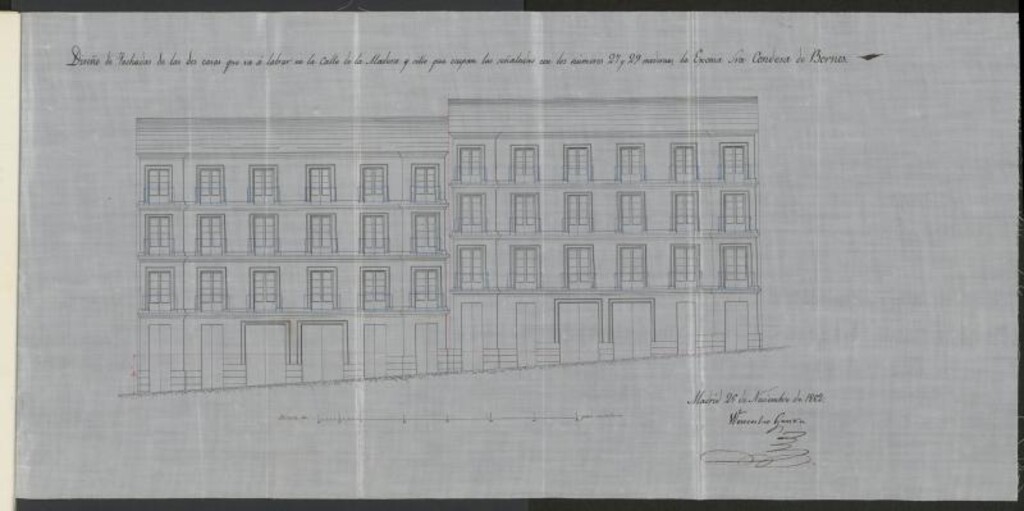 Miniatura de D. Hilario Zapata, en concepto de Apoderado de la Exma. Sra. Condesa de Bornos, para construir de nueva planta la casa de la propiedad de dicha Sra, sita en la calle de la Madera Alta n 27 y 29 moderno, 8 y 9 antiguos, manzana 462. (1862-63)