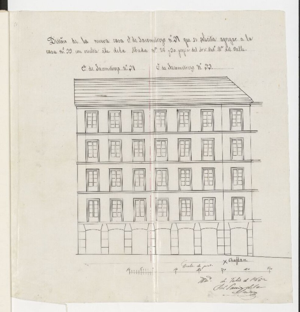 Miniatura de D. Antonio María del Valle, solicitando licencia para edificar de nueva planta la casa de su propiedad sita en la calle de Jacometrezo nº 37 moderno, y agregarla a la que tiene en construcción en la calle de la Abada, nº 28 y 30, con vuelta a la citada de Jacometrezo, nº 39, manzana 365.