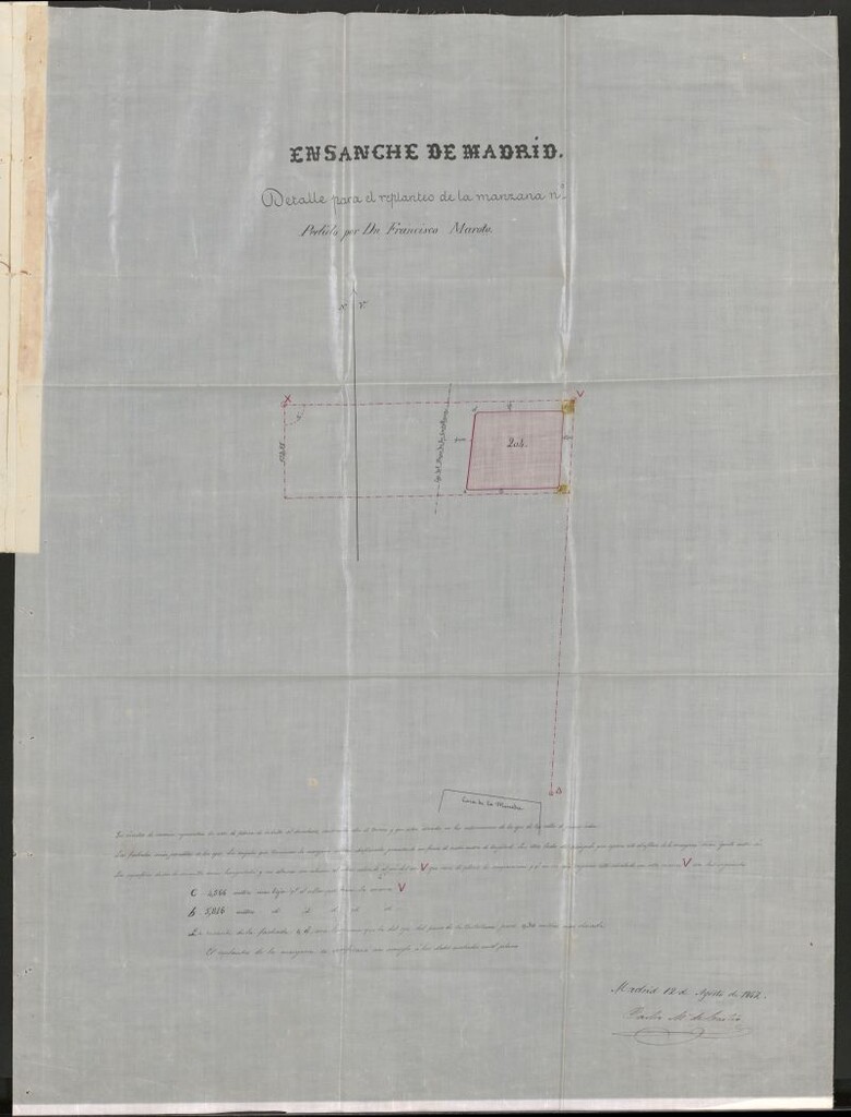 Miniatura de D. Francisco Maroto, en solicitud del detalle para el replanteo de la manzana 201, y después a nombre del Sr. D. Fermín Muguiro, para construir la alcantarilla enfrente de la fachada de otra manzana Paseo de Isabel 2ª.