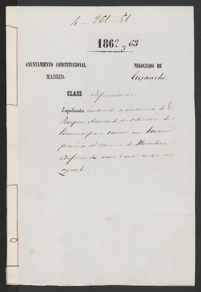 Miniatura de D. Prospero Soinard, en solicitud de licencia para cerrar un terreno próximo al camino de Hortaleza edificando una casa.
