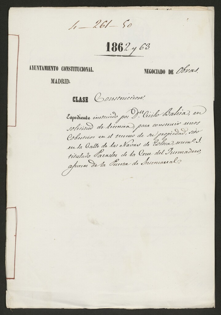 Miniatura de D. Cirilo Bahía, en solicitud de licencia, para construir unos cobertizos en el terreno de su propiedad, sito en la calle de las Navas de Tolosa, nº 1 titulado Parador de la Cruz del Quemadero, afueras de la Puerta de Fuencarral.