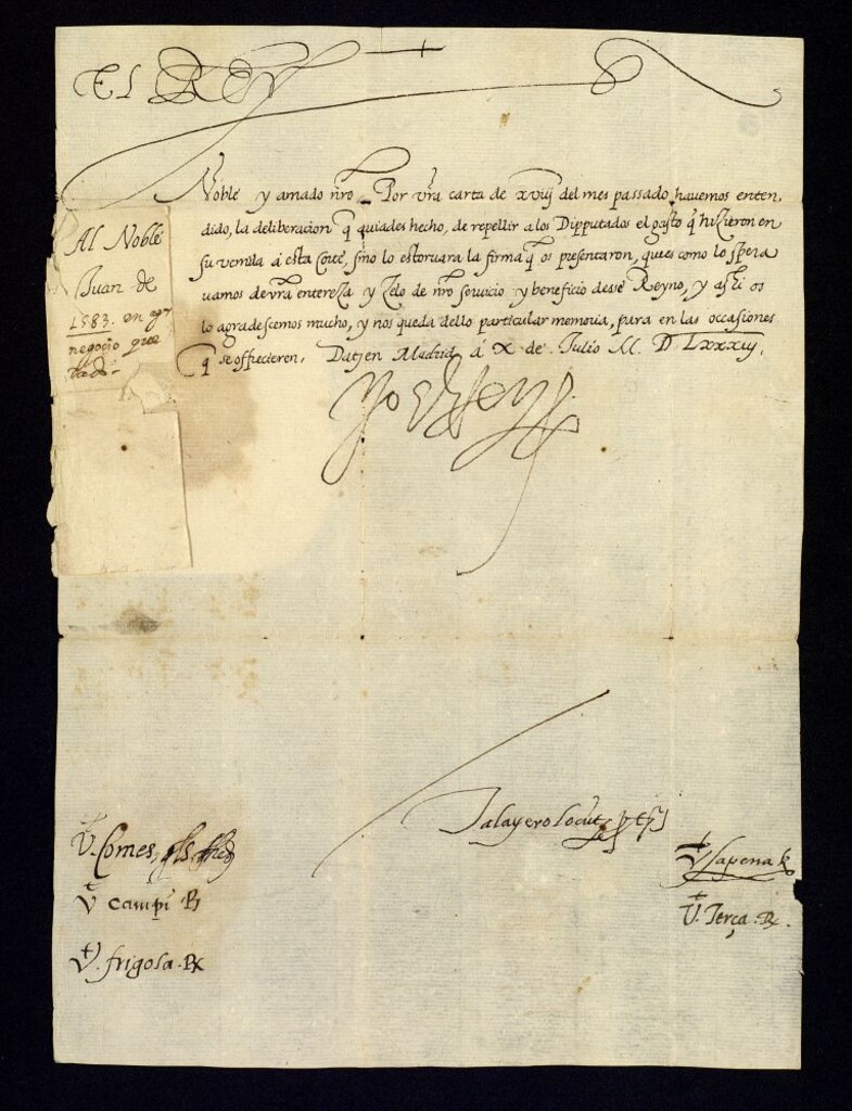 Miniatura de Real cédula de Felipe II a D. Juan de Bardaxí dándole gracias por la entereza demostrada en rechazar los gastos que hicieron los diputados de Aragón en su viaje a la corte de Madrid