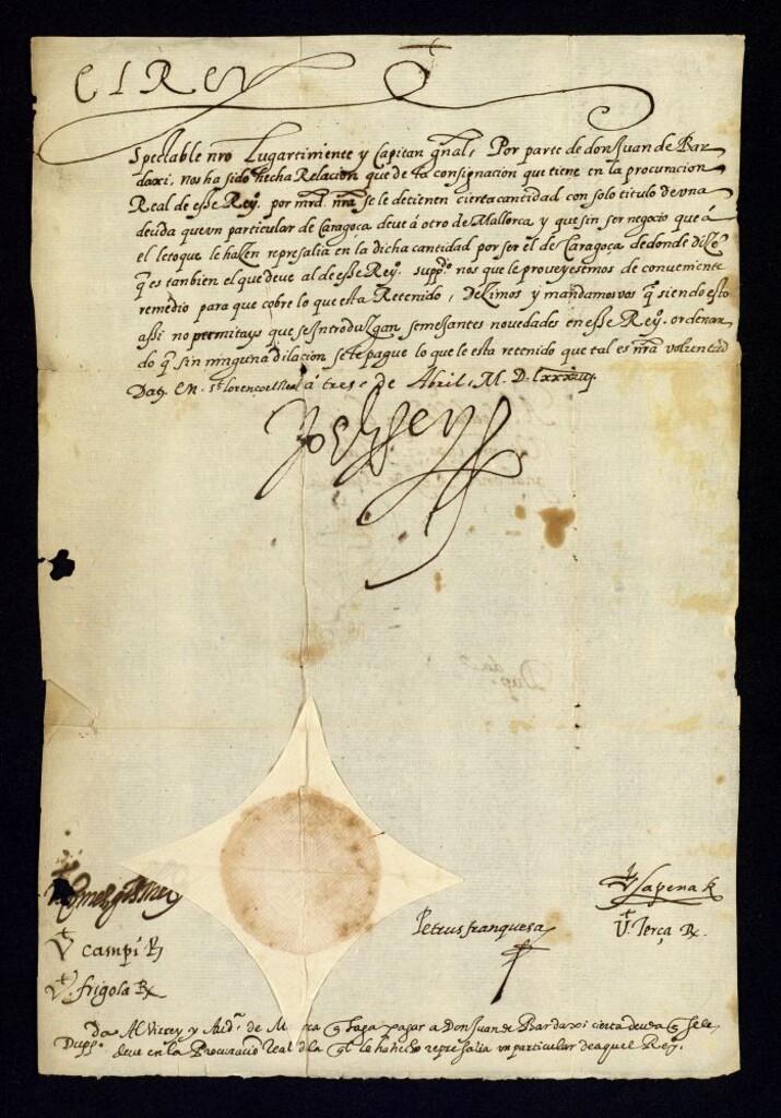 Miniatura de Real cédula de Felipe II a D. Luis Vich, lugarteniente y capitán general del reino de Mallorca, ordenando se pague a D. Juan de Bardaxí la cantidad que tiene asignada con cargo a la Procuración Real de ese reino
