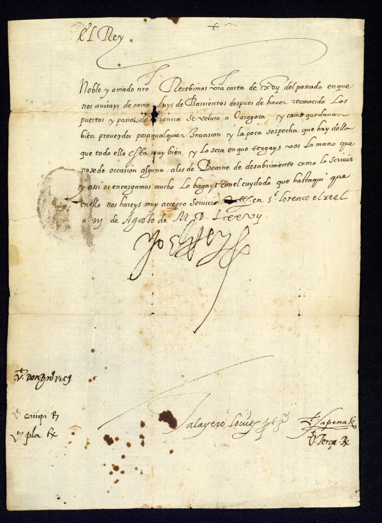 Miniatura de Real cédula de Felipe II a D. Juan de Bardaxí dándose por enterado del reconocimiento por Luis de Barrientos de los puertos y pasos de la frontera francesa