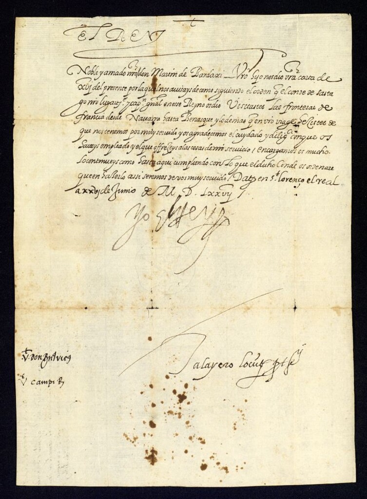 Miniatura de Real cédula de Felipe II a D. Martín de Bardaxí agradeciéndole el cuidado y diligencia empleados en la visita a la frontera de Francia