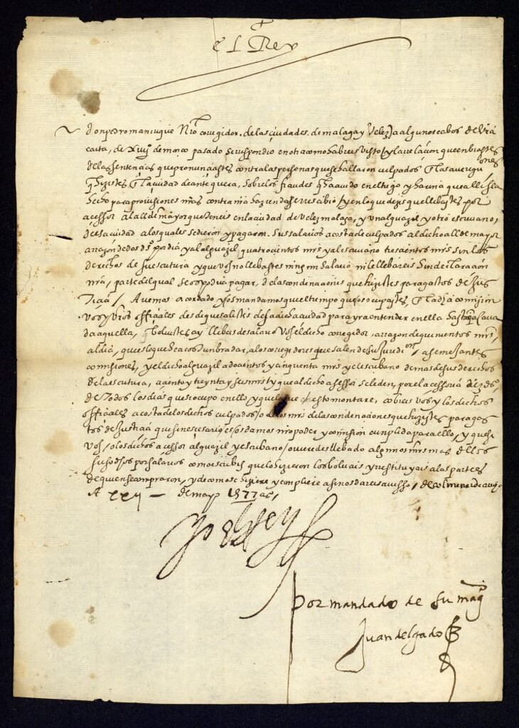 Miniatura de Real cédula de Felipe II a D. Pedro Manrique, corregidor de Málaga y Vélez, señalándole el salario que había de percibir por su actuación en el pleito por fraude de trigos y harinas ocurrido en la ciudad de Antequera, como asimismo el del alguacil y escribano que han intervenido