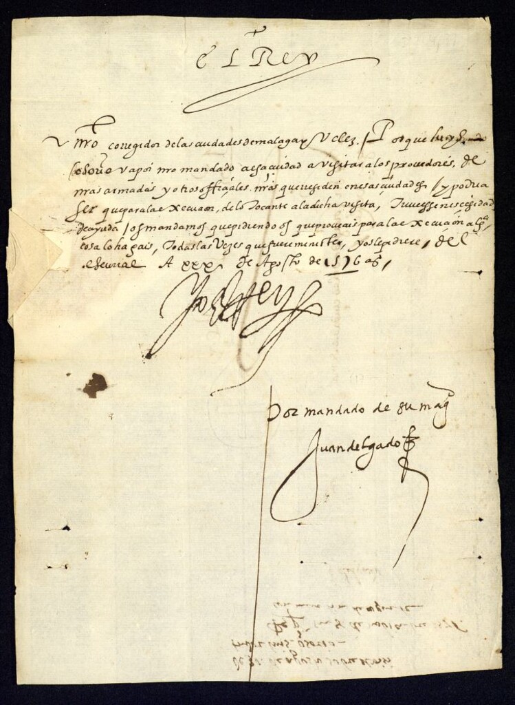 Miniatura de Real cédula de Felipe II a D. Pedro Manrique, corregidor de Málaga y Vélez, mandándole que preste a Luis Osorio, su visitador para los proveedores de las armadas, la ayuda y asistencia que le solicitare.