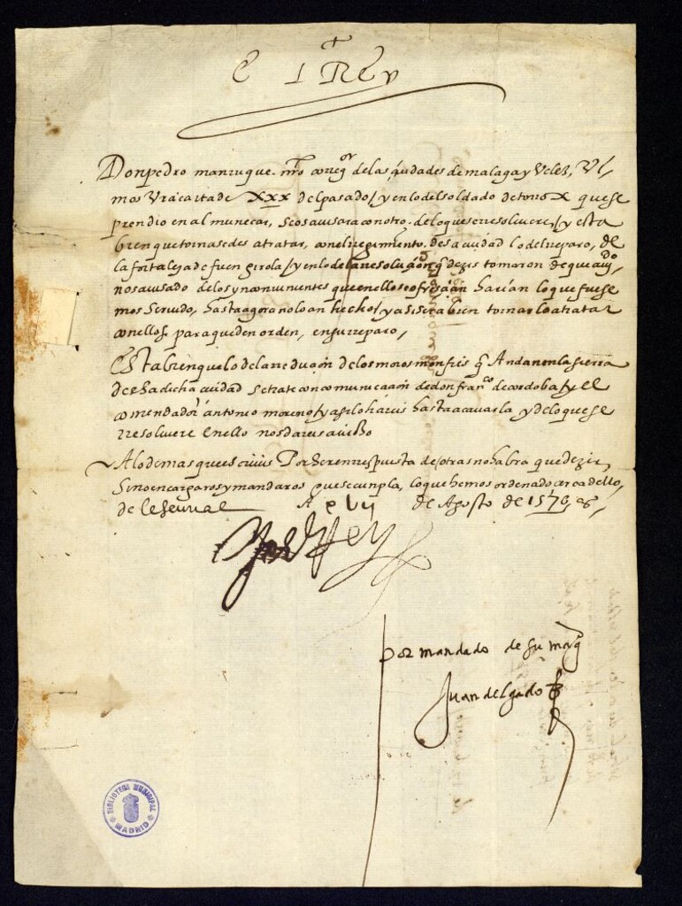 Miniatura de Real cédula de Felipe II a D. Pedro Manrique, corregidor de Málaga y Vélez, sobre la reparación de la fortaleza de Fuengirola y la persecución de los moros monfíes