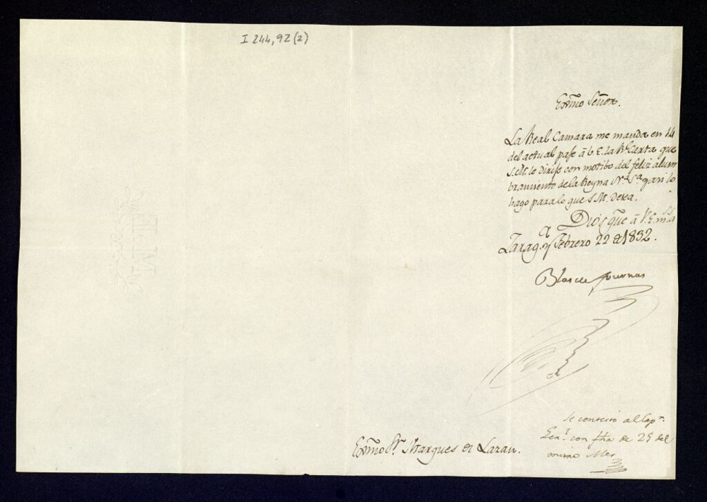 Miniatura de Oficio del Capitán General de Aragón, Blas de Fournas, remitiendo al Marqués de Lazán, por orden de la Real Cámara, la cédula que le informa del nacimiento de la infanta María Luisa Fernanda.