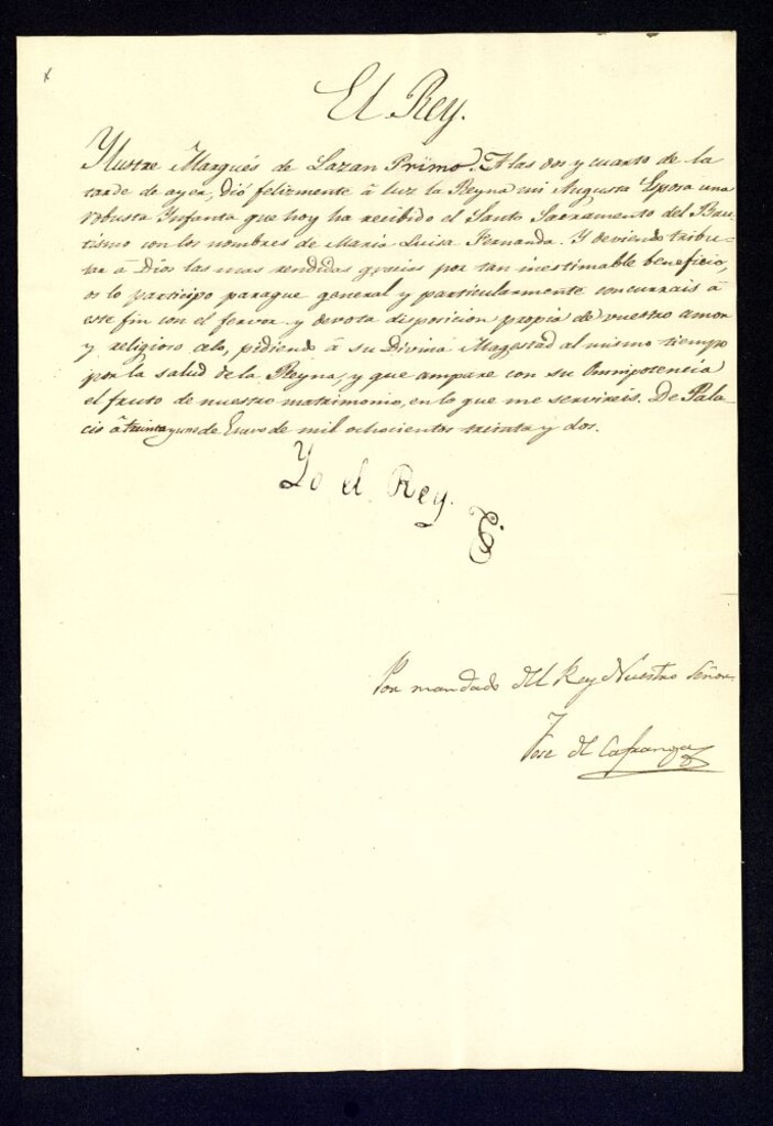 Miniatura de Real cédula de Fernando VII al Marqués de Lazán participándole el nacimiento de la Princesa María Luisa Fernanda.