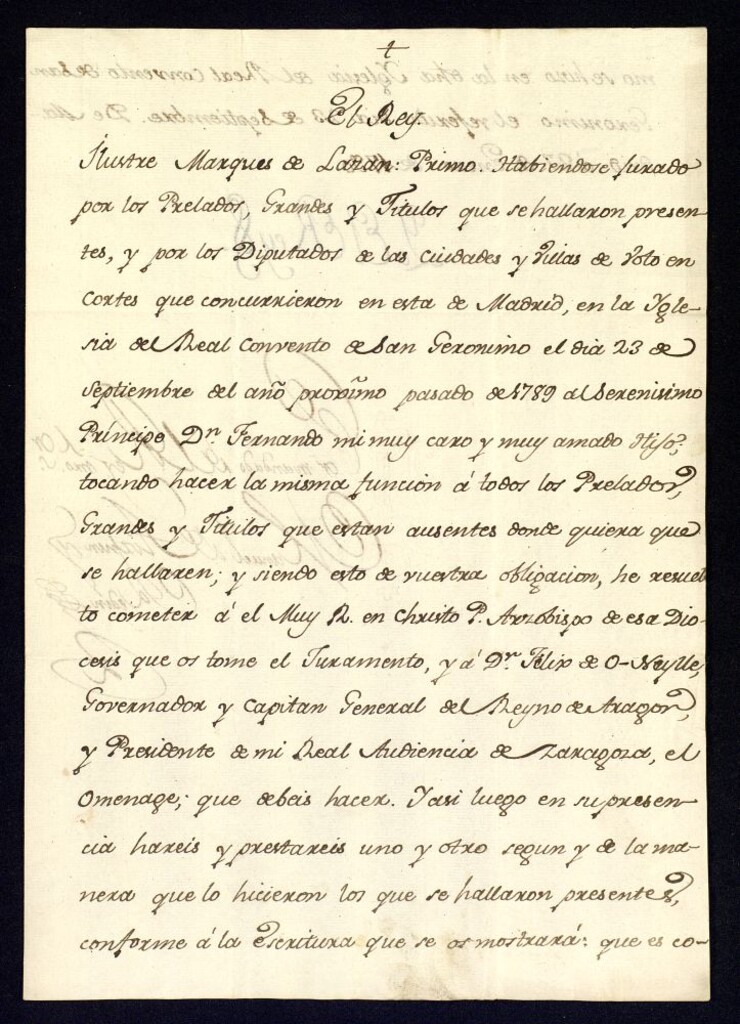 Miniatura de Real cédula de Carlos IV al Marqués de Lazán ordenándole preste juramento, ante el arzobispo de Zaragoza, reconociendo como Príncipe heredero a su hijo D. Fernando.