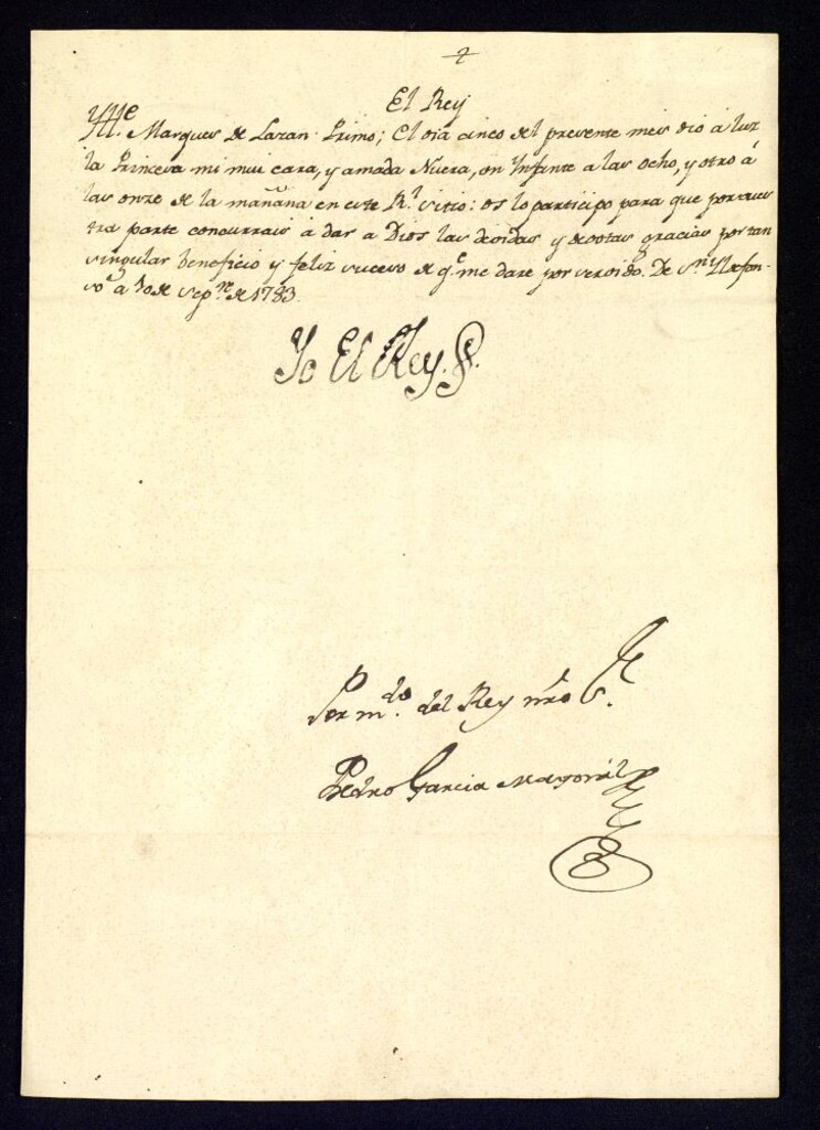 Miniatura de Real cédula de Carlos III al Marqués de Lazán comunicándole el nacimiento de sus nietos, los infantes Fernando Carlos y Felipe.