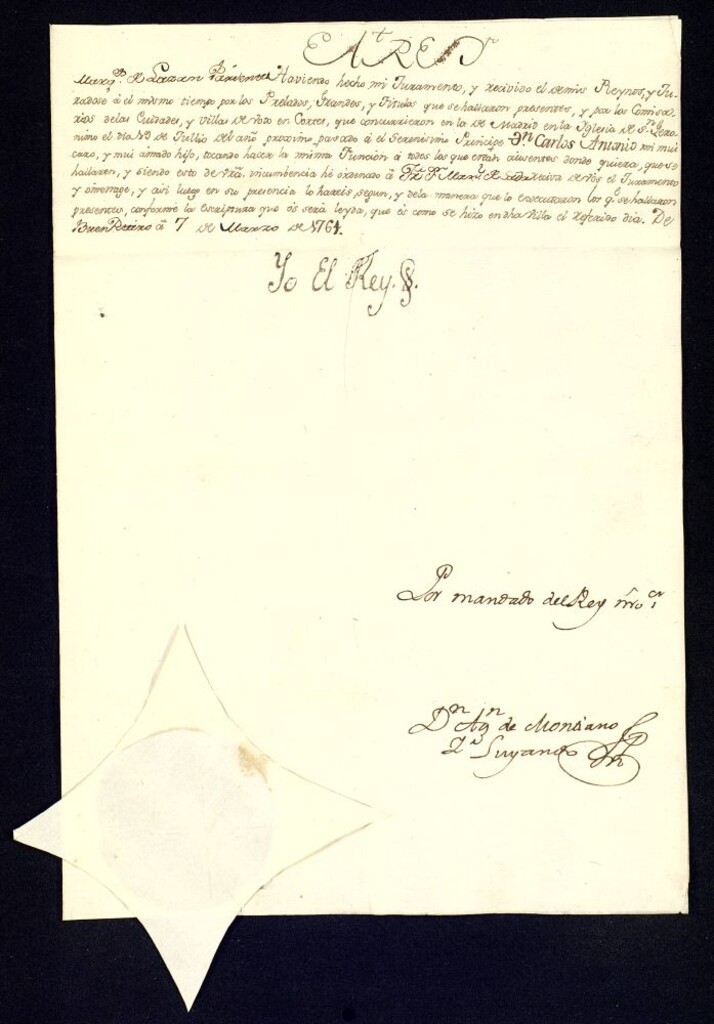 Miniatura de Real cédula de Carlos III al Marqués de Lazán ordenándole preste juramento reconociendo como Príncipe heredero a D. Carlos Antonio.