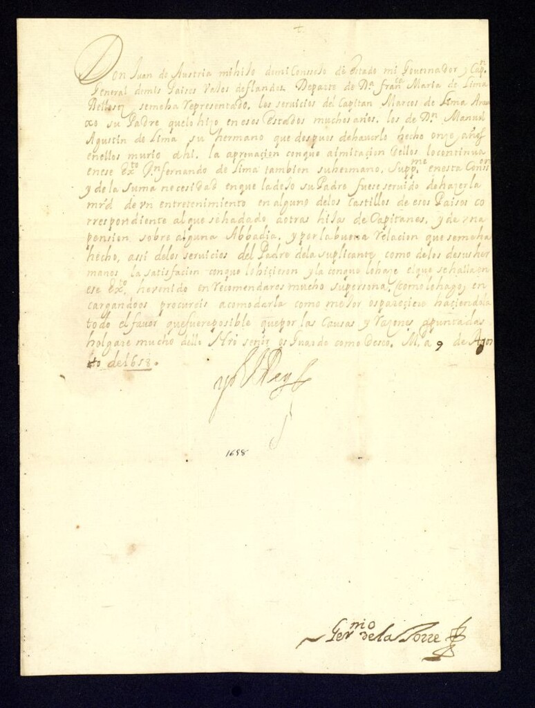 Miniatura de Real cédula de Felipe IV a D. Juan José de Austria, su hijo, gobernador y capitán general de los estados de Flandes, recomendándole a doña Francisca María de Lima en consideración a los servicios prestados por su padre y hermanos