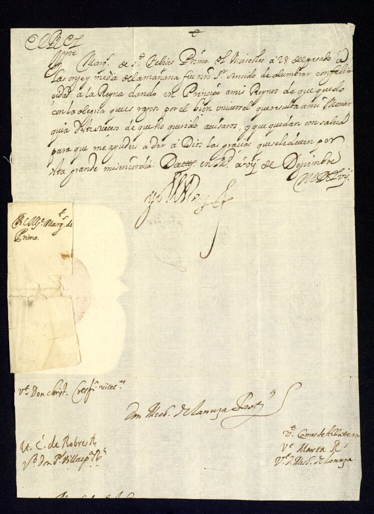 Miniatura de Real cédula de Felipe IV al Marqués de San Felices, comunicándole el nacimiento del infante D. Felipe Próspero