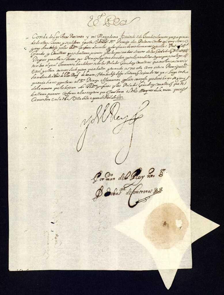Miniatura de [Real cédula de Felipe IV al Conde de los Arcos ordenándole que preste juramento a D. Luis de Ulloa, Marqués de la Mota, reconociendo como heredero al príncipe Baltasar Carlos