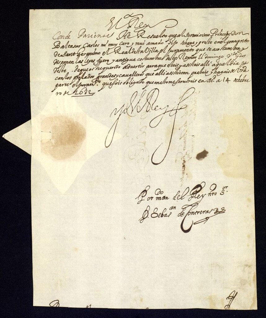 Miniatura de Real cédula de Felipe IV al Conde de Añover ordenándole asista al juramento del príncipe Baltasar Carlos.
