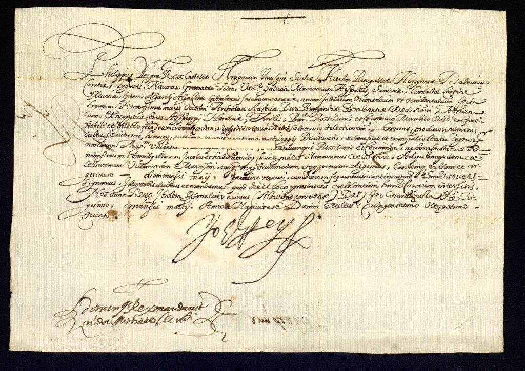 Miniatura de Real provisión de Felipe II a D. Juan Jiménez Cerdán, convocándole para las cortes de Aragón, Valencia y Cataluña que se celebrarán en la ciudad de Monzón.